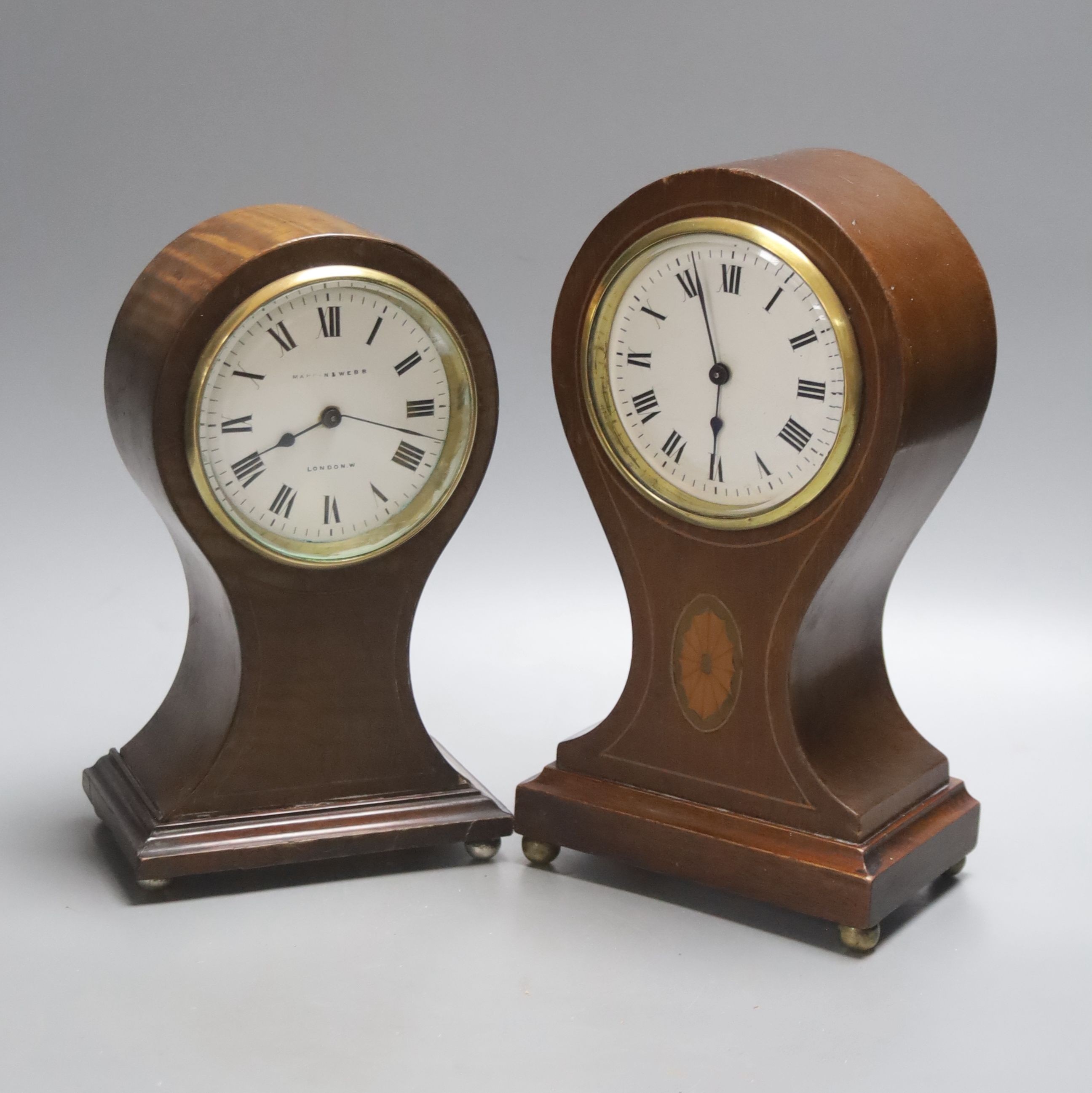 Four Edwardian inlaid mahogany mantel clocks, tallest 24cm